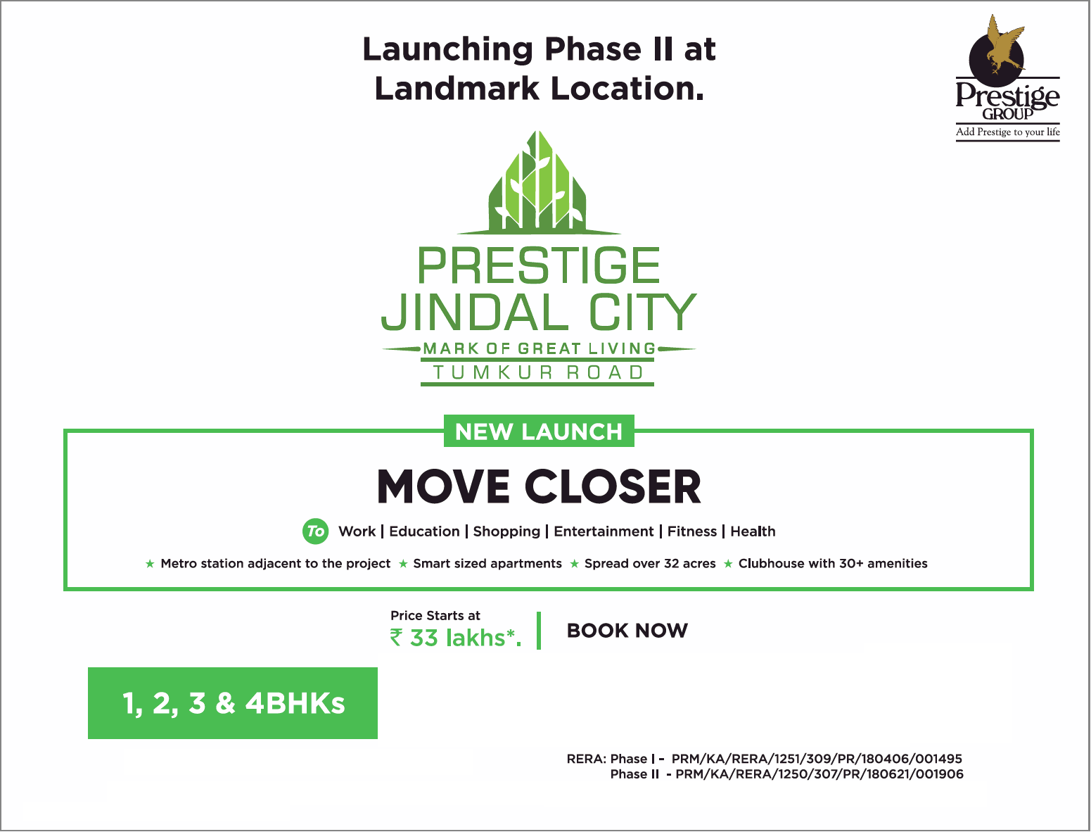 Prestige Jindal City launching 1, 2, 3 & 4 bhk at Rs. 33 lakhs in Bangalore